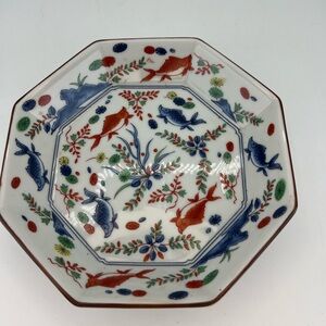 Andrea by Sadek Orange and Blue Koi Fish & Floral Octagonal Bowl Trinket Dish